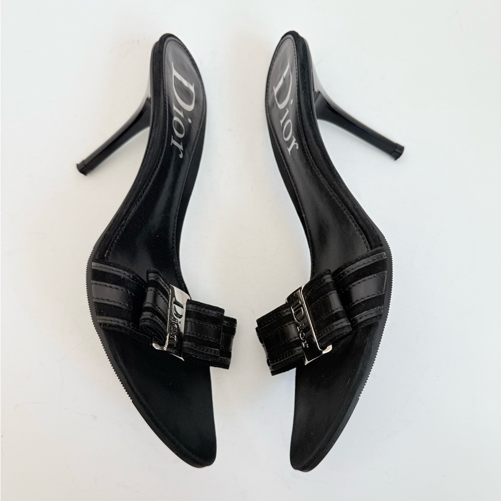 Christian Dior Y2K Black Leather Logo Plaque Kitten Heel Mules 39.5 Galliano Era - Picture 4 of 9